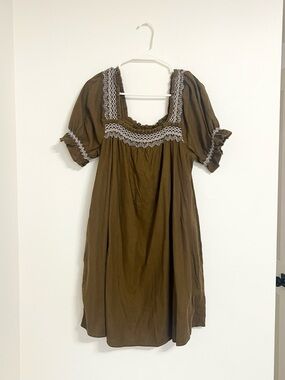 Madewell Brown Puff-Sleeve Midi Dress with Lace Trim